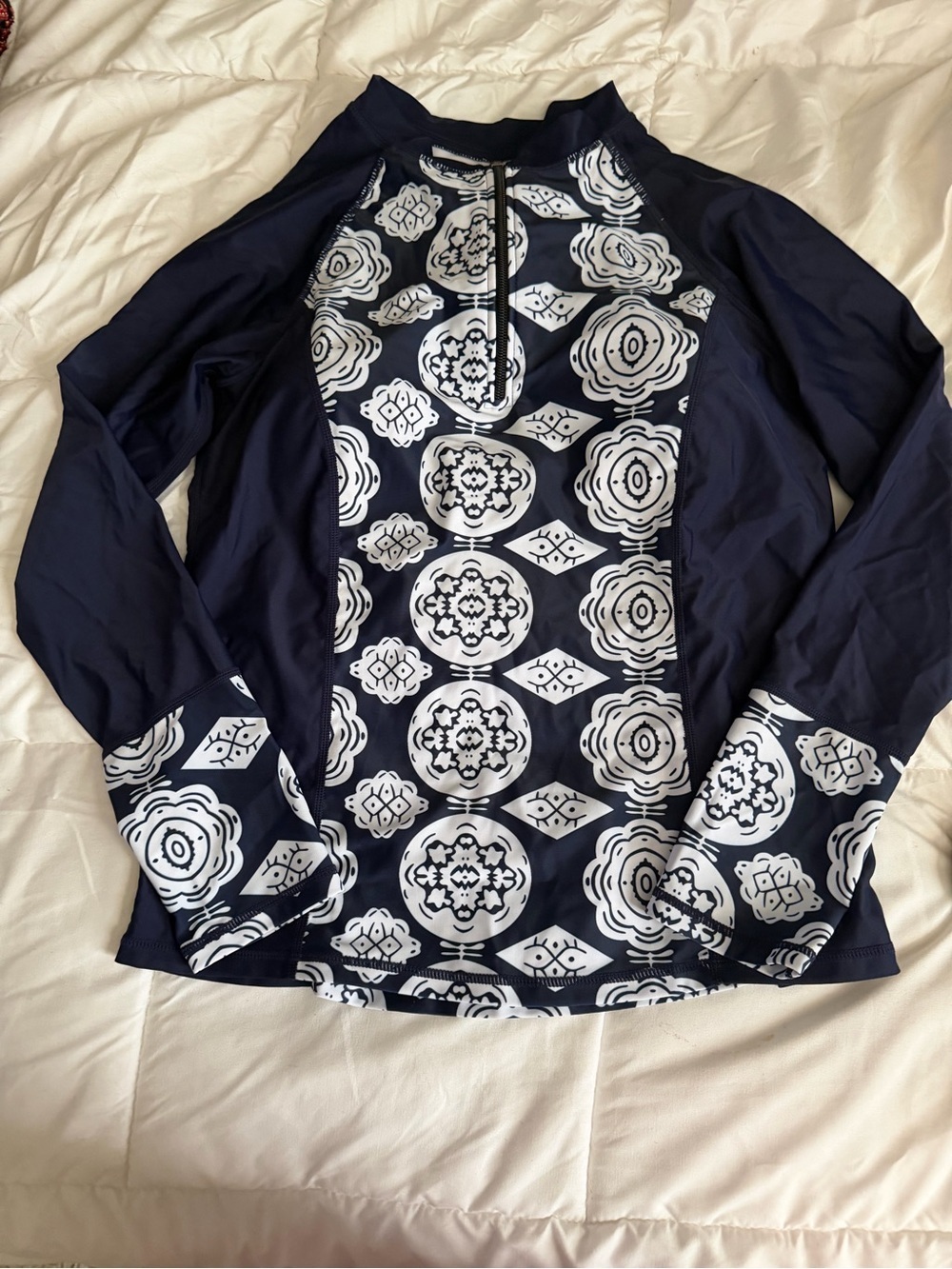 Navy and White Printed Long Sleeve Rash Guard